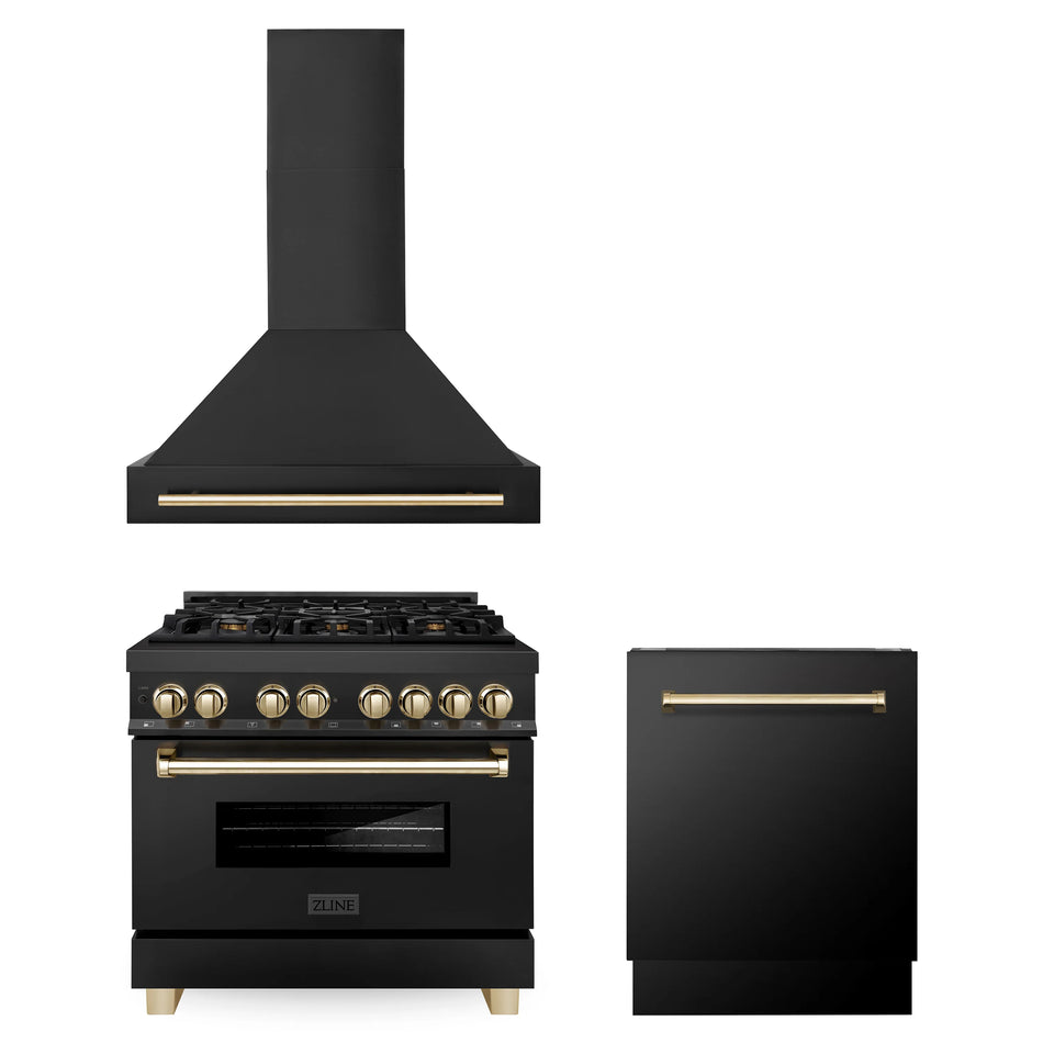 ZLINE Autograph Package - 36 In. Dual Fuel Range, Range Hood, Dishwasher in Black Stainless Steel with Gold Accent