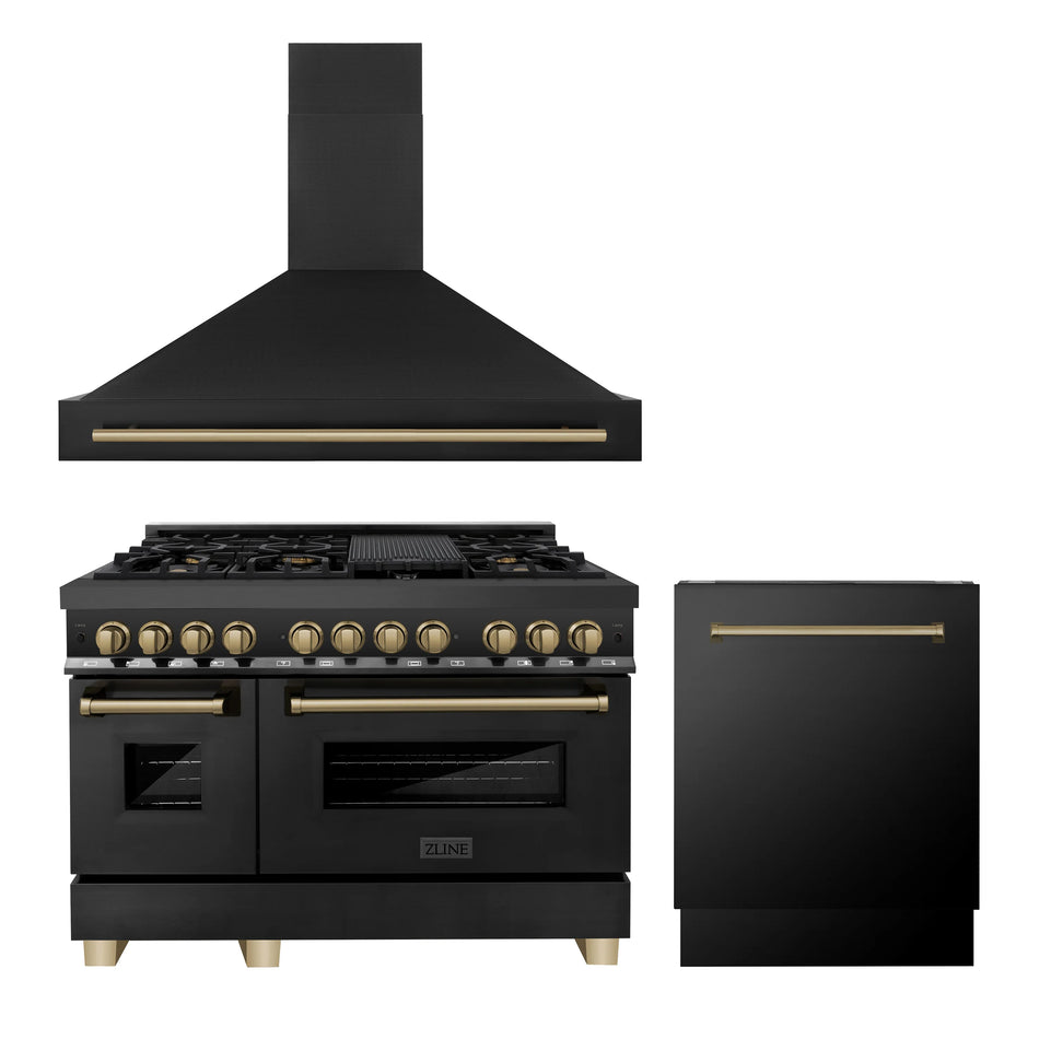 ZLINE Autograph Package - 48 In. Dual Fuel Range, Range Hood, Dishwasher in Black Stainless Steel with Champagne Bronze Accent