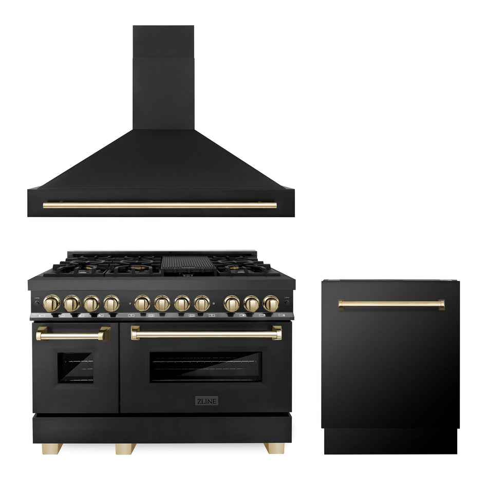 ZLINE Autograph Package - 48 In. Dual Fuel Range, Range Hood, Dishwasher in Black Stainless Steel with Gold Accent