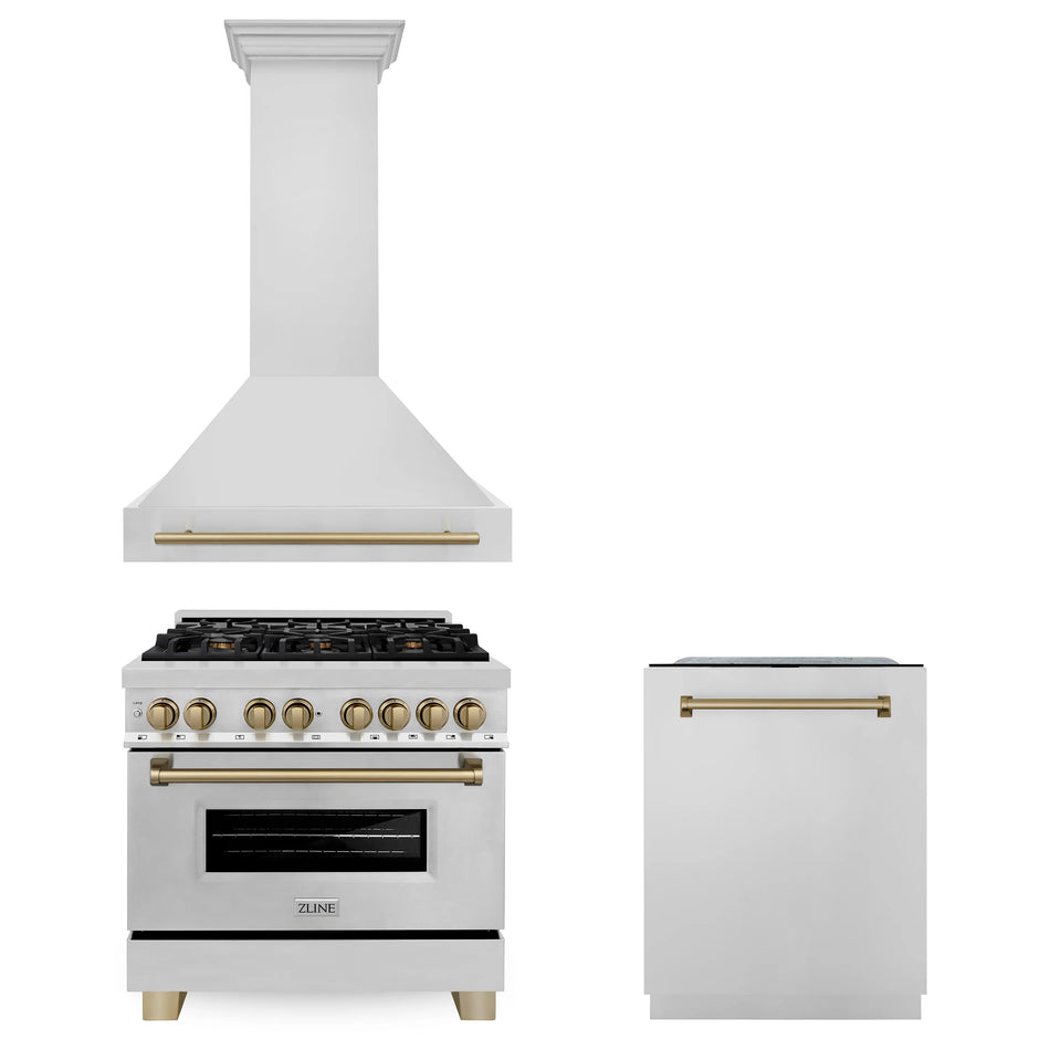 ZLINE Autograph Package - 36 In. Dual Fuel Range, Range Hood, Dishwasher in Stainless Steel with Champagne Bronze Accents