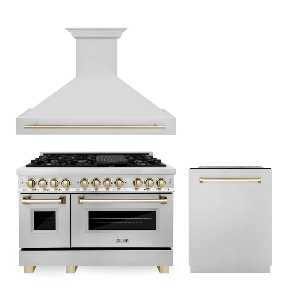 ZLINE 3-Piece Stainless Steel Kitchen Package 48" Autograph Edition, Dual Fuel Range, Range Hood and Dishwasher with Gold Accents