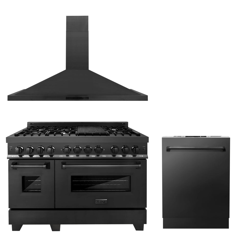 ZLINE 3-Piece 48" Kitchen Package with Black Stainless Steel Dual Fuel Range, Convertible Vent Range Hood and Dishwasher