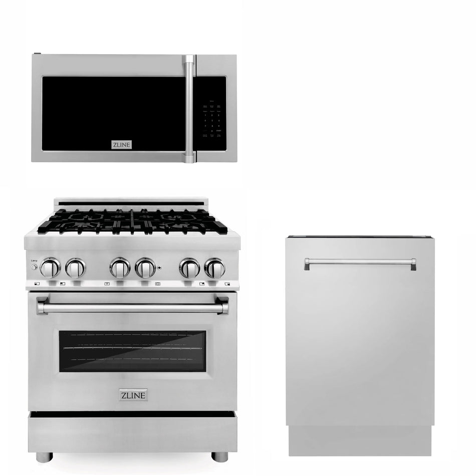 ZLINE 3-Piece 30" Kitchen Package with Stainless Steel Dual Fuel Range, Traditional Over The Range Microwave and Tall Tub Dishwasher