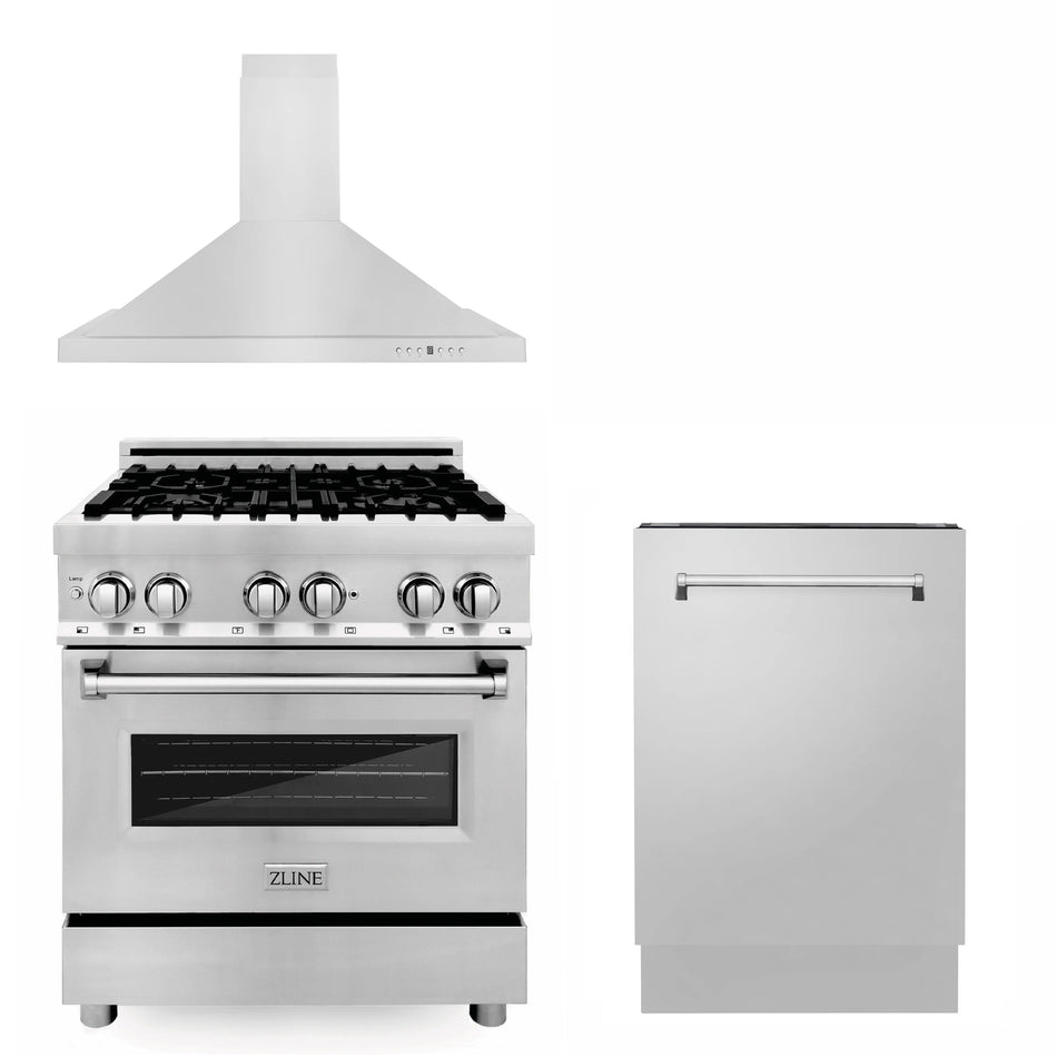 ZLINE 3-Piece 30" Kitchen Package with Stainless Steel Dual Fuel Range, Convertible Vent Range Hood and 3rd Rack Dishwasher