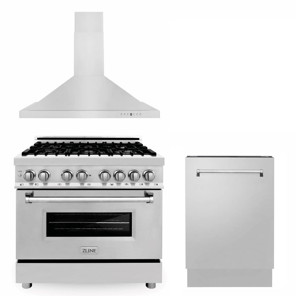 ZLINE 3-Piece Appliance Package - 36 in. Dual Fuel Range, Range Hood, 3 Rack Dishwasher, 3KP-RARH36-DWV