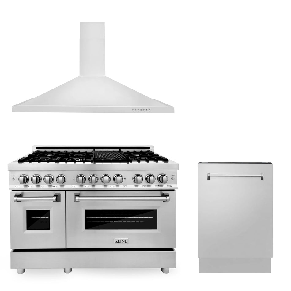 ZLINE 3-Piece 48" Kitchen Package with Stainless Steel Dual Fuel Range, Convertible Vent Range Hood and Tall Tub Dishwasher