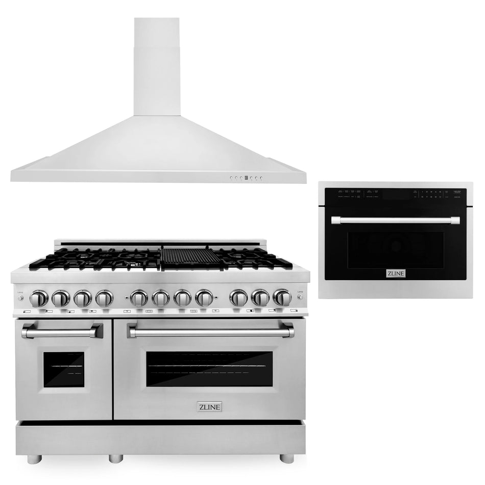 ZLINE 3-Piece 48" Kitchen Package with Stainless Steel Dual Fuel Range, Convertible Vent Range Hood and 24" Microwave Oven