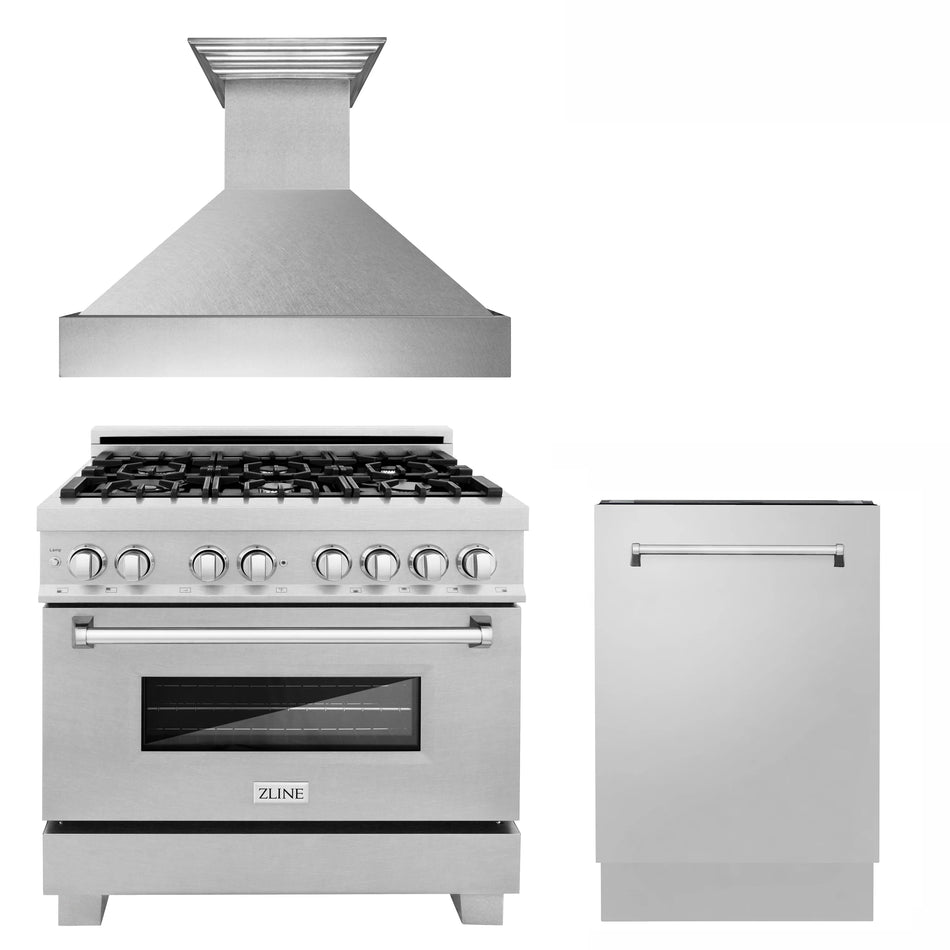 ZLINE 3-Piece 36" Kitchen Package with DuraSnow® Stainless Dual Fuel Range, Ducted Vent Range Hood and Tall Tub Dishwasher