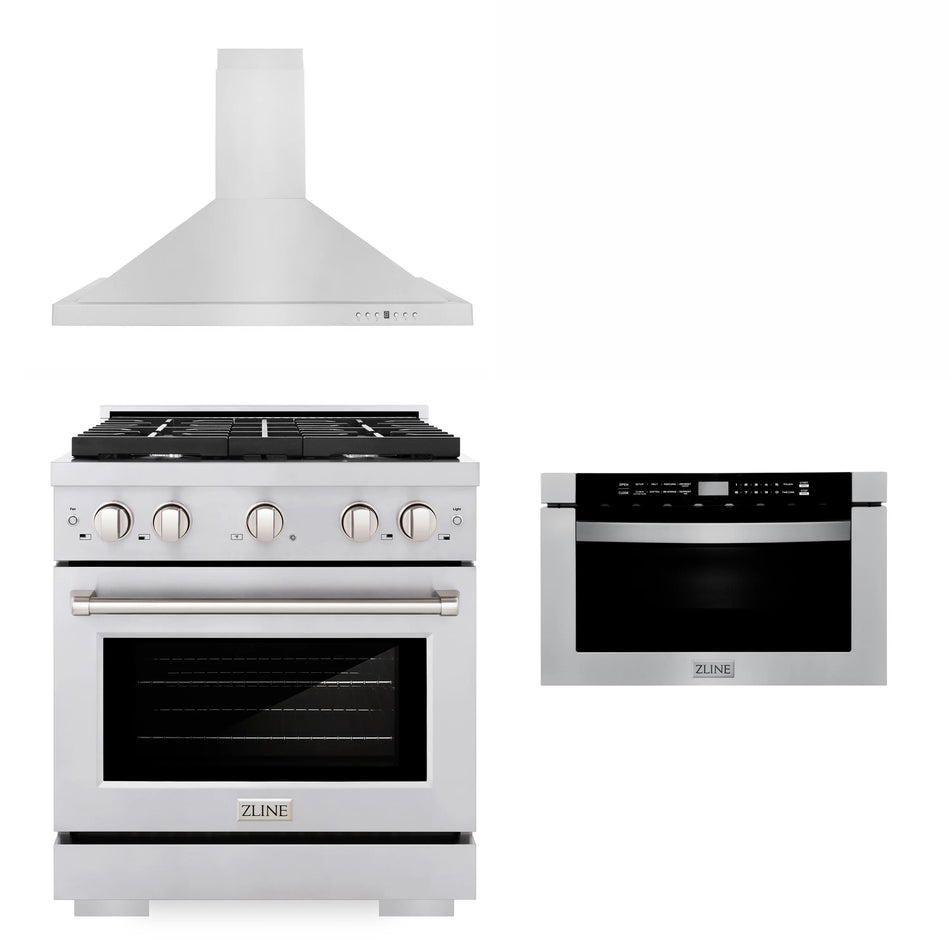 ZLINE 3-Piece 30" Kitchen Package with Stainless Steel Gas Range, Convertible Vent Range Hood and Microwave Drawer