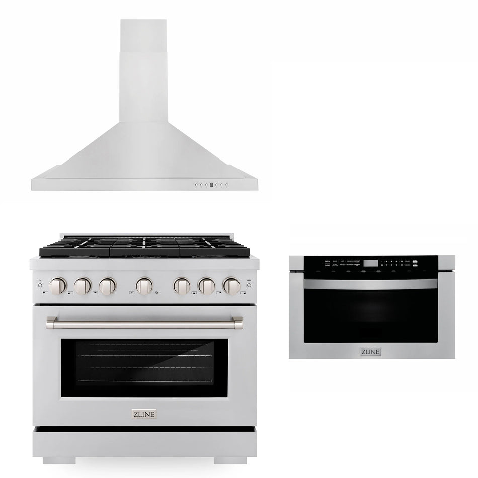 ZLINE 3-Piece 36" Kitchen Package with Stainless Steel Gas Range, Convertible Vent Range Hood and Microwave Drawer