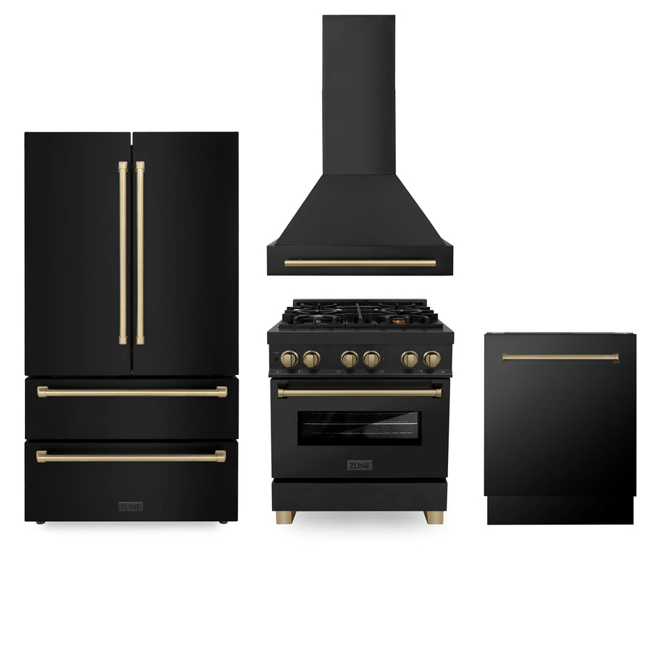 ZLINE 4-Piece 30" Autograph Edition Kitchen Package, Black Stainless Steel Dual Fuel Range, Range Hood, Dishwasher and Refrigeration