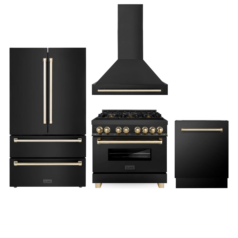 ZLINE Autograph Package - 36" Dual Fuel Range, Range Hood, Refrigerator, Dishwasher in Black Stainless with Gold Accents