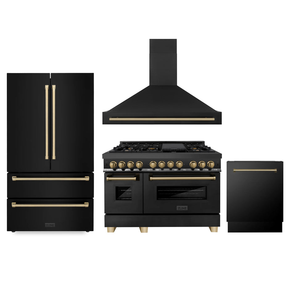 ZLINE Autograph Package - 48" Dual Fuel Range, Range Hood, Refrigerator, Dishwasher in Black Stainless, Bronze Accents