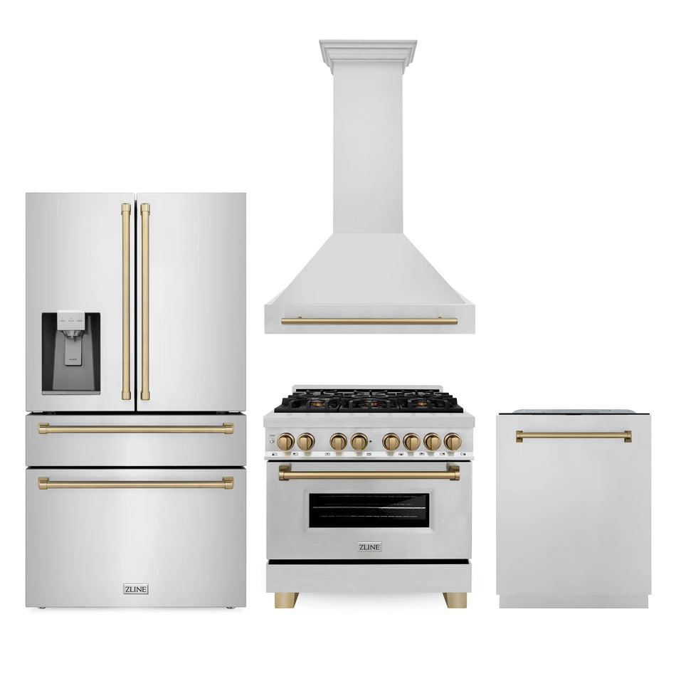 ZLINE Autograph Package - 36" Dual Fuel Range, Range Hood, Dishwasher, Refrigerator with Water and Ice Dispenser with Bronze Accents