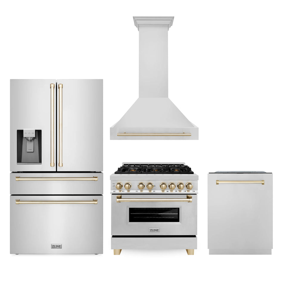 ZLINE Autograph Package - 36" Dual Fuel Range, Range Hood, Dishwasher, Refrigerator with Water & Ice Dispenser in Stainless Steel with Gold Accents