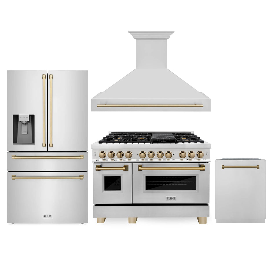 ZLINE Autograph Package - 48" Dual Fuel Range, Hood, Dishwasher, Refrigerator with Water and Ice Dispenser with Bronze Accents