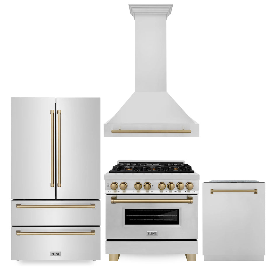 ZLINE Autograph Package - 36 In. Dual Fuel Range, Range Hood, Dishwasher, Refrigerator with Champagne Bronze Accents