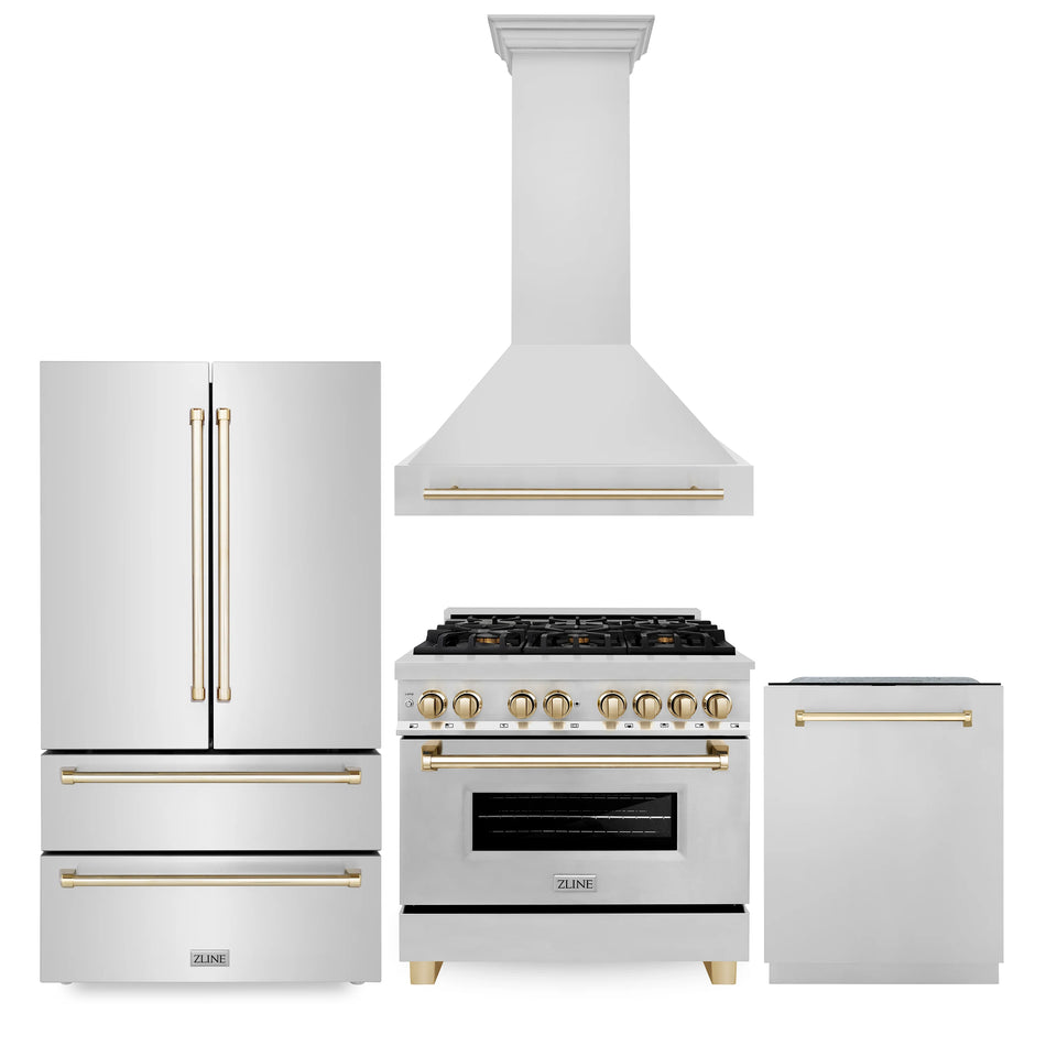 ZLINE Autograph Package - 36 In. Dual Fuel Range, Range Hood, Dishwasher, Refrigerator with Gold Accents