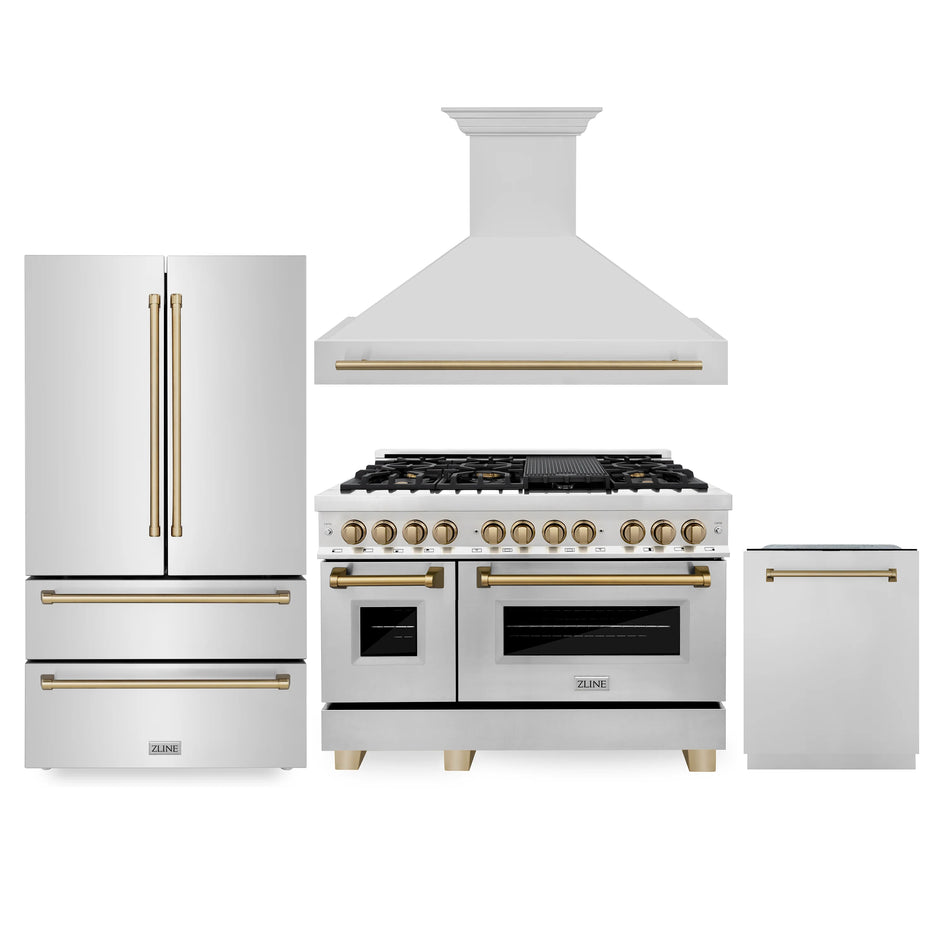 ZLINE Autograph Package - 48" Dual Fuel Range, Range Hood, Refrigerator, Dishwasher with Bronze Accents