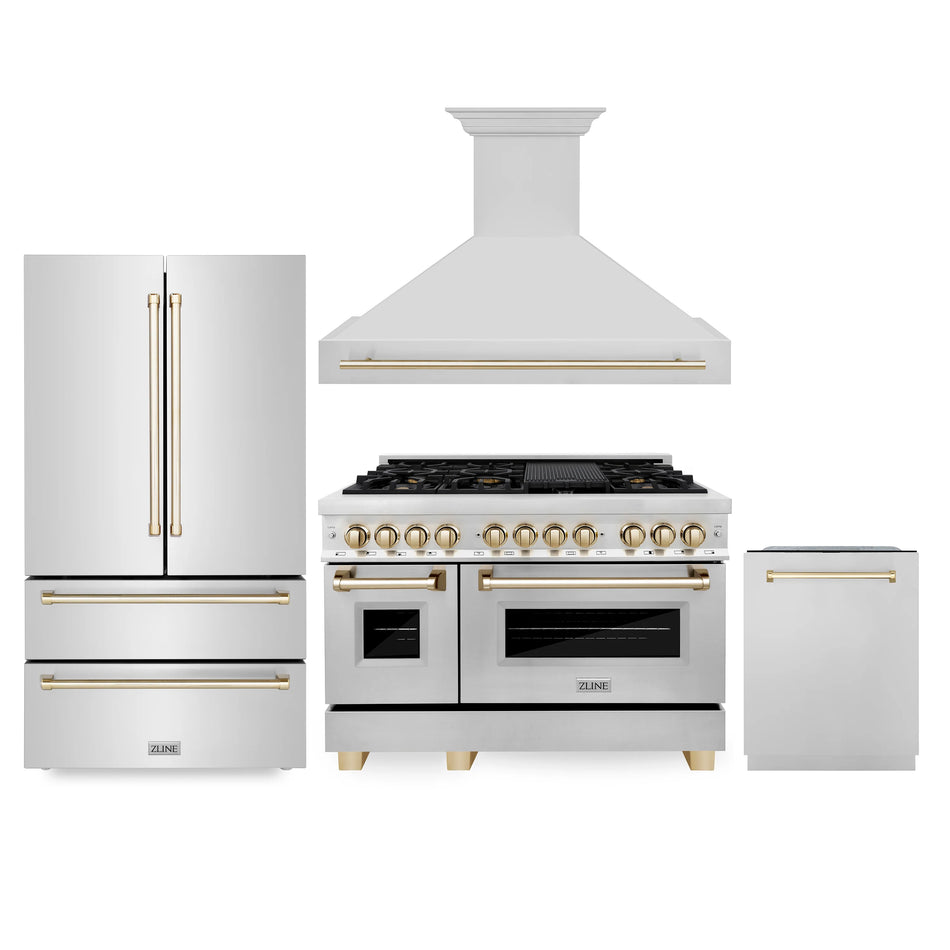 ZLINE Autograph Package - 48 In. Dual Fuel Range, Range Hood, Refrigerator, and Dishwasher in Stainless Steel with Gold Accents