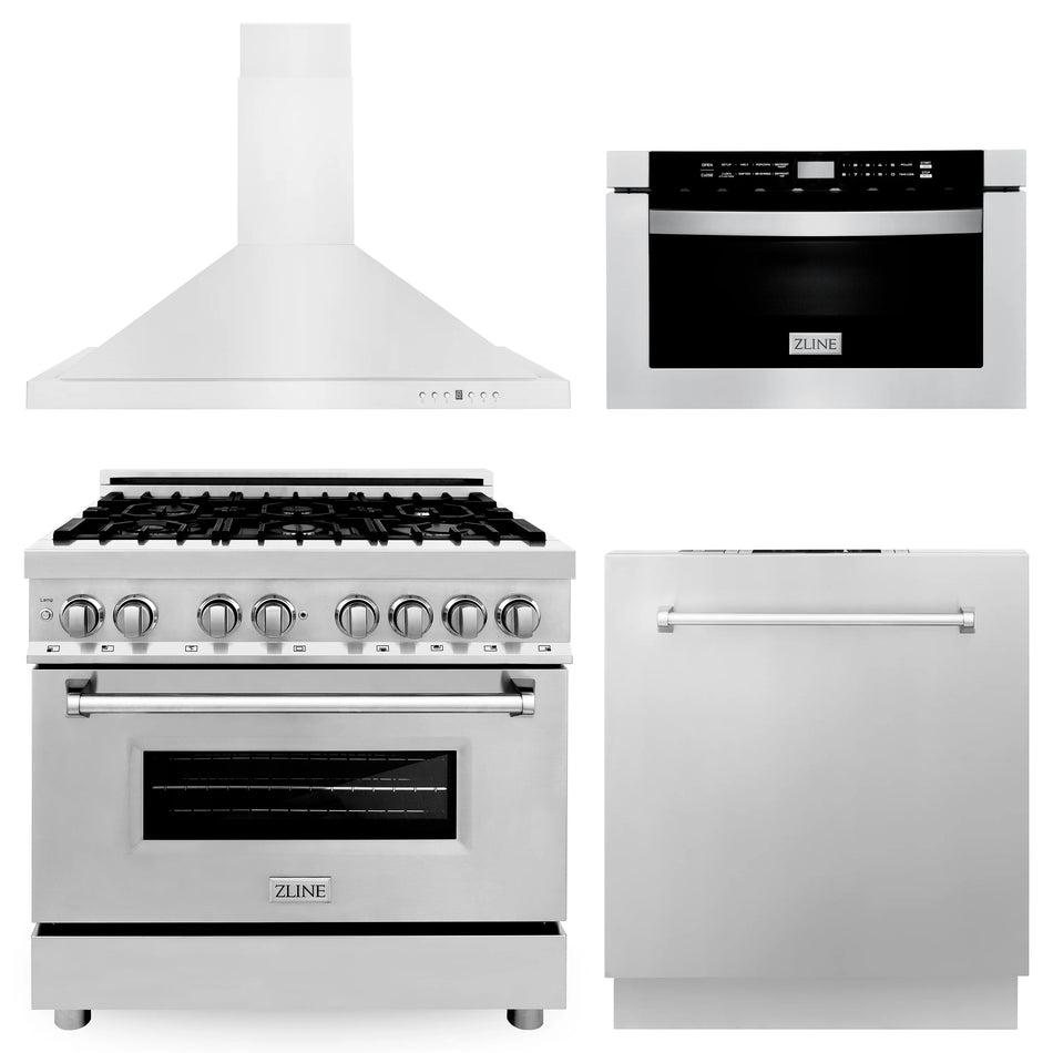 ZLINE 4-Piece 36" Kitchen Package with Stainless Steel Dual Fuel Range, Range Hood, Microwave Drawer and Dishwasher