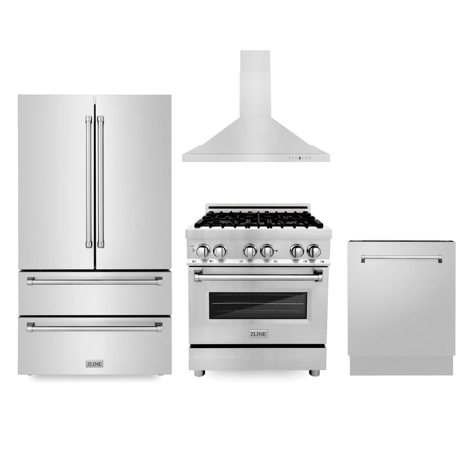 ZLINE 4-Piece Appliance Package - 30 in. Dual Fuel Range, Range Hood, 3 Rack Dishwasher, Refrigerator