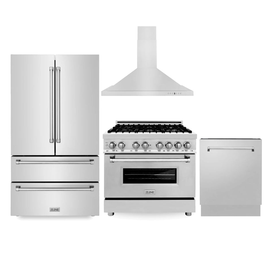 ZLINE 4-Piece Appliance Package - 36 in. Dual Fuel Range, Range Hood, 3 Rack Dishwasher, Refrigerator