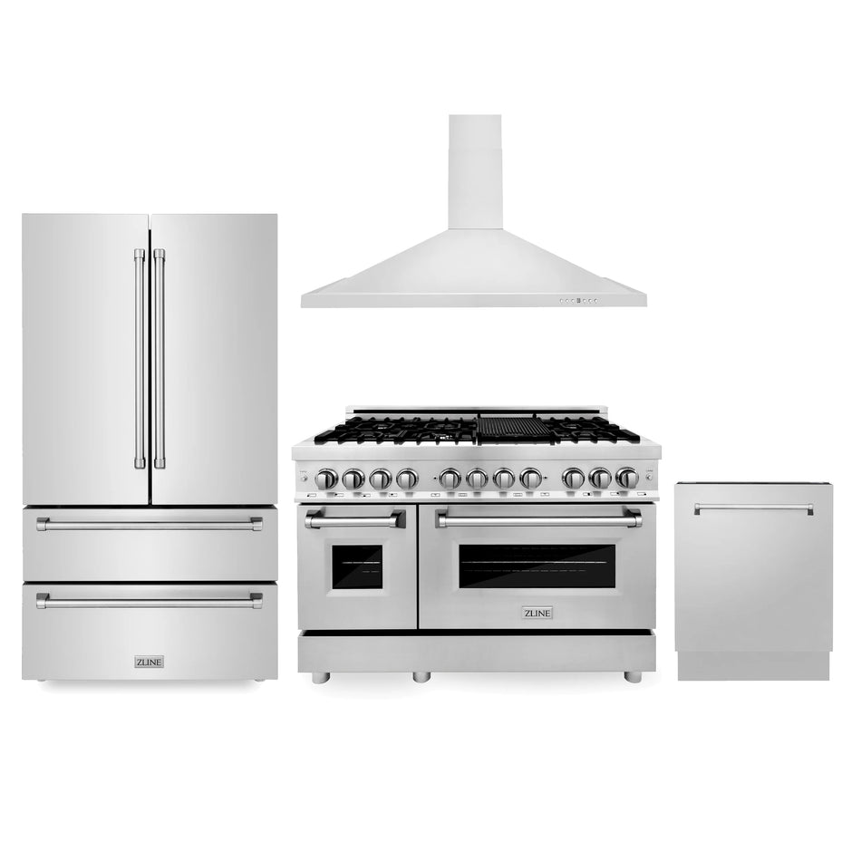 ZLINE 4-Piece Appliance Package - 48 in. Dual Fuel Range, Range Hood, 3 Rack Dishwasher, Refrigerator