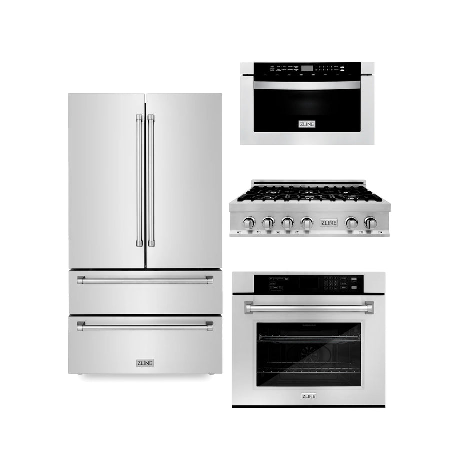 ZLINE 4-Piece Kitchen Package with Refrigeration, 36" Stainless Steel Rangetop, 30" Single Wall Oven, 30" Microwave Oven