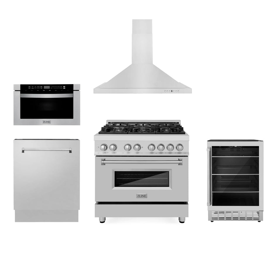 ZLINE 5-Piece Appliance Package - 36" Dual Fuel Range, Range Hood, Microwave Drawer, Dishwasher and Beverage Fridge