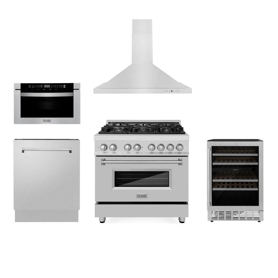 ZLINE 5-Piece Appliance Package - 36" Dual Fuel Range, Range Hood, Microwave Drawer, Dishwasher and Wine Cooler