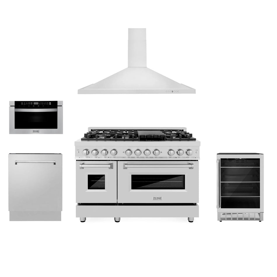 ZLINE 5-Piece Appliance Package - 48" Dual Fuel Range, Range Hood, Microwave Drawer, Dishwasher and Beverage Fridge