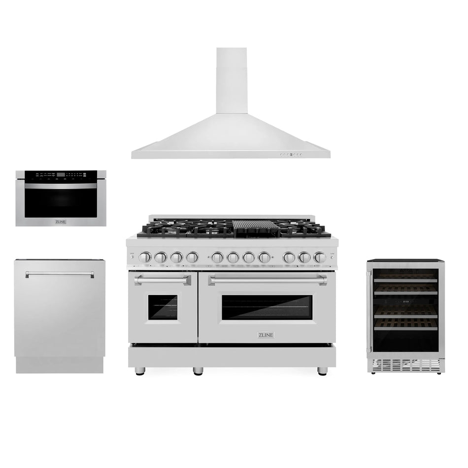 ZLINE 5-Piece Appliance Package - 48" Dual Fuel Range, Range Hood, Microwave Drawer, Dishwasher and Wine Cooler