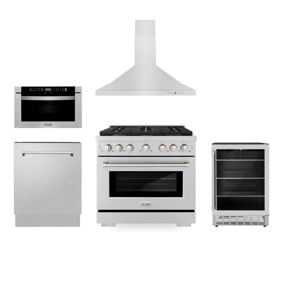 ZLINE 5-Piece Appliance Package - 36" Gas Range, Range Hood, Microwave Drawer, Dishwasher and Beverage Fridge