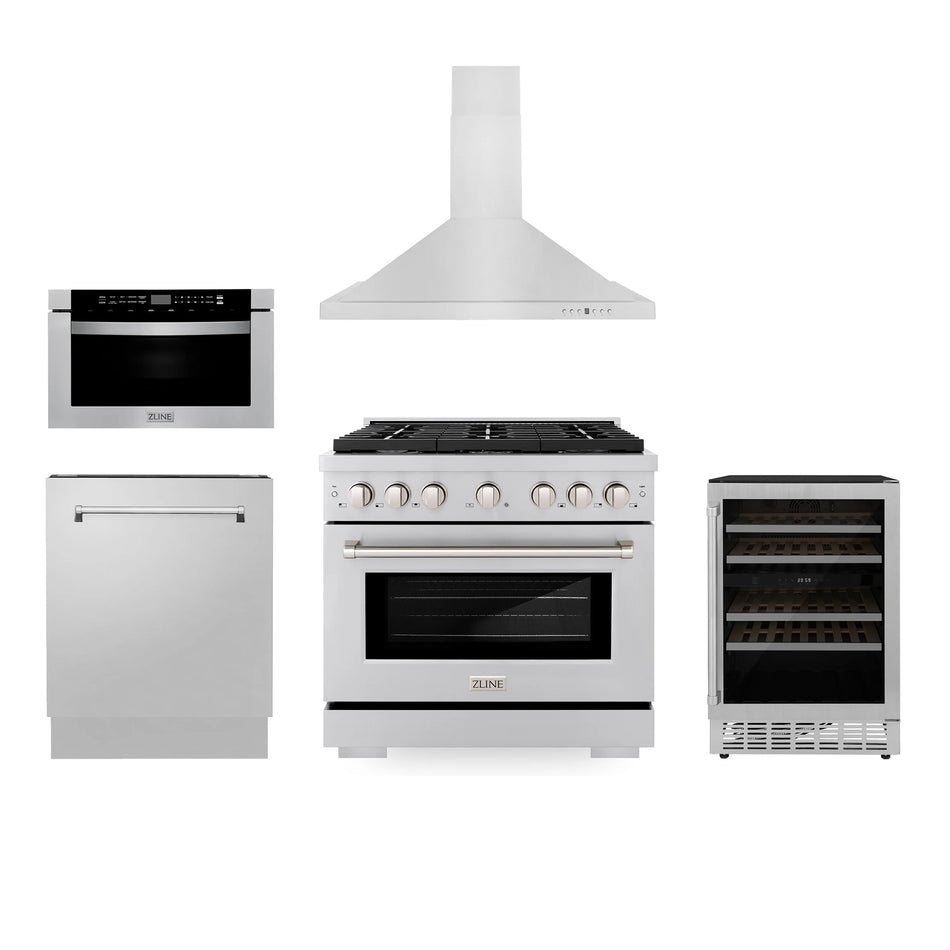 ZLINE 5-Piece 36" Kitchen Package with Stainless Steel Gas Range, Range Hood, Microwave Drawer, Tall Tub Dishwasher and Wine Cooler