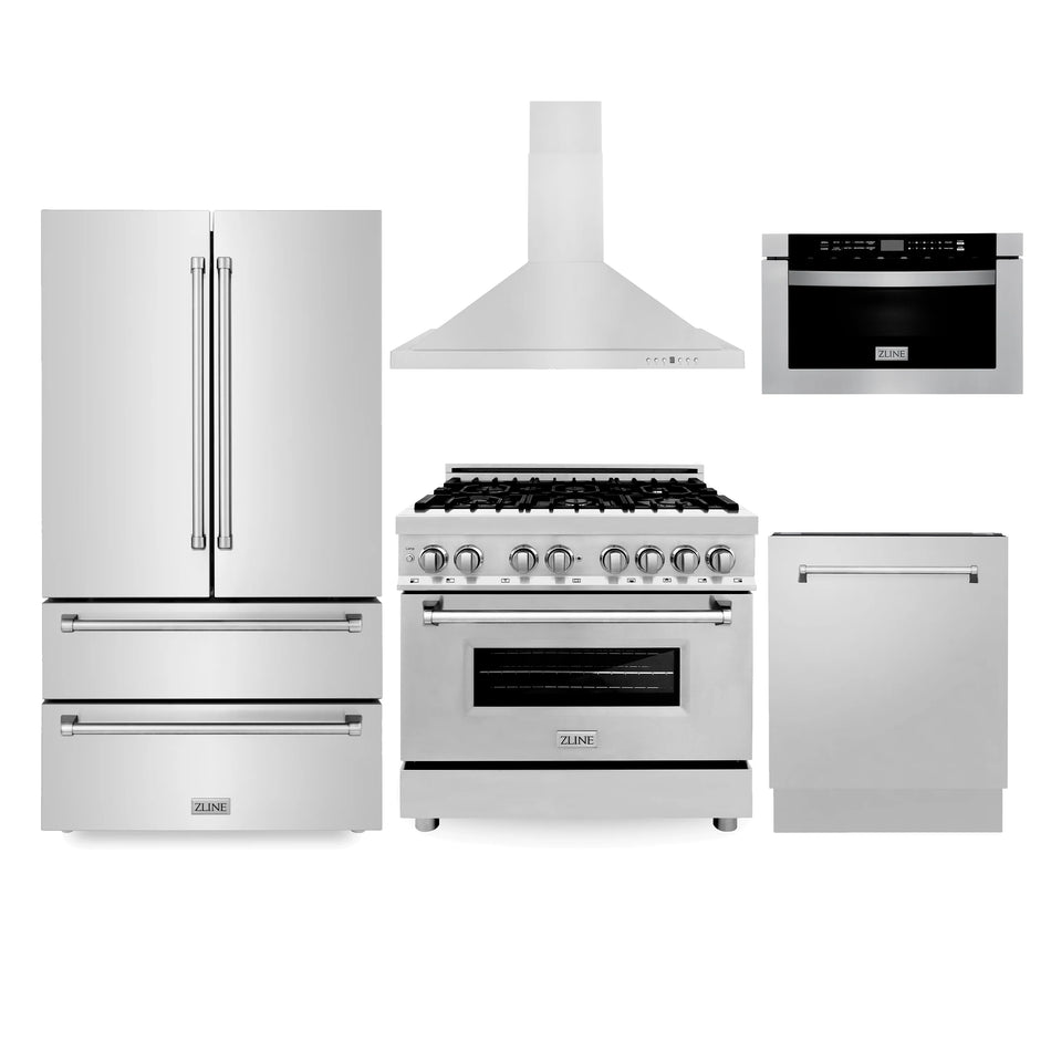 ZLINE 5-Piece Appliance Package 36" Range, Range Hood, Microwave, Dishwasher & Refrigerator