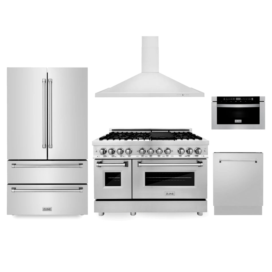 ZLINE 5-Piece Appliance Package - 48 in. Dual Fuel Range, Range Hood, Microwave Drawer, 3 Rack Dishwasher, Refrigerator