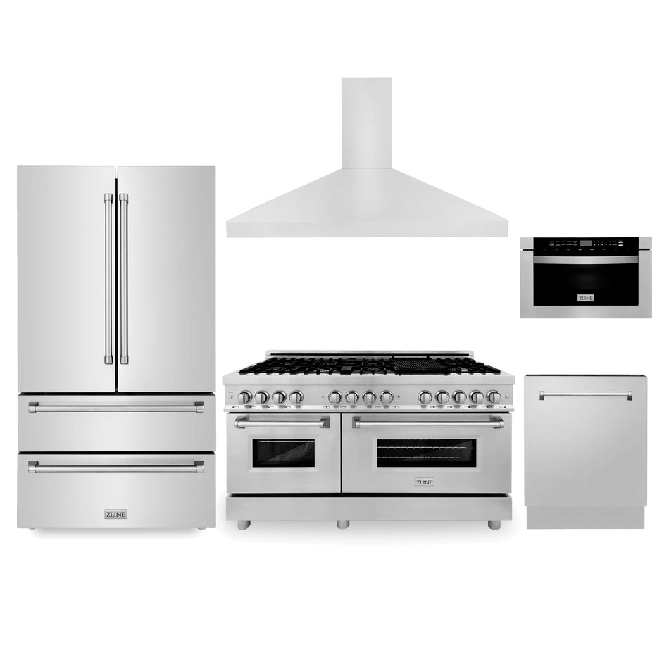 ZLINE 5-Piece Stainless Steel Appliance Package - 60 In. Range, Range Hood, Refrigerator, Microwave and Dishwasher