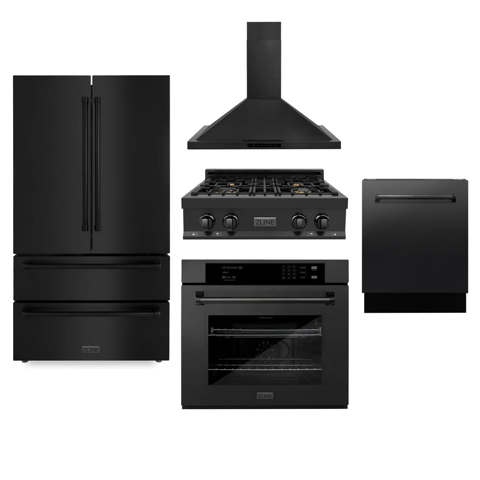 ZLINE Appliance Package - 30" Rangetop, Range Hood, Refrigerator, Dishwasher, Wall Oven in Black Stainless