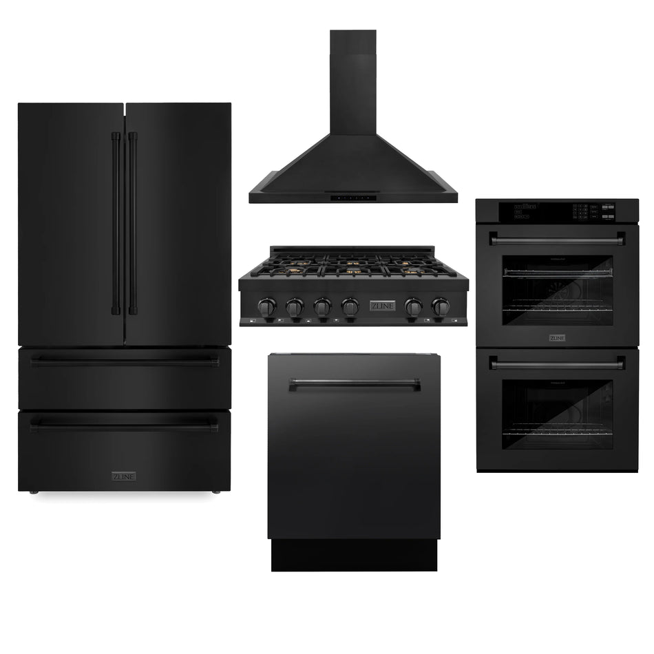 ZLINE Appliance Package - 36" Rangetop, Range Hood, Refrigerator, Dishwasher, Double Wall Oven in Black Stainless