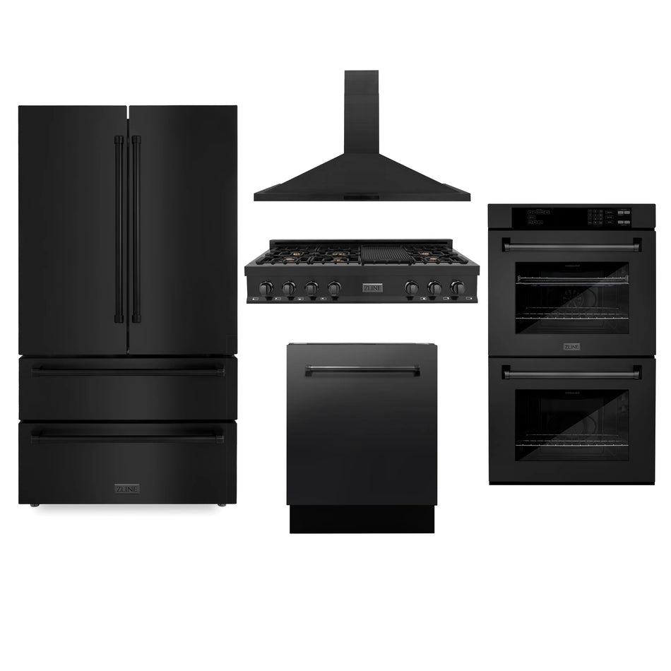 ZLINE Package - 48" Rangetop, Hood, Refrigerator, Dishwasher, Double Wall Oven in Black Stainless