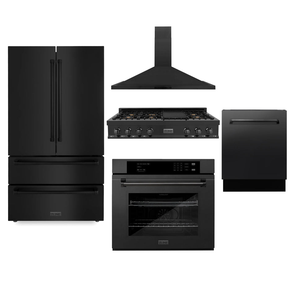 ZLINE Appliance Package - 48" Rangetop, Range Hood, Refrigerator, Dishwasher, Wall Oven in Black Stainless Steel