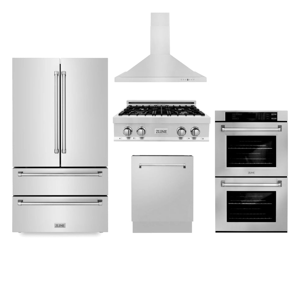 ZLINE 5-Piece Appliance Package - 30 In. Gas Rangetop, Range Hood, Refrigerator, Dishwasher and Wall Oven in Stainless Steel