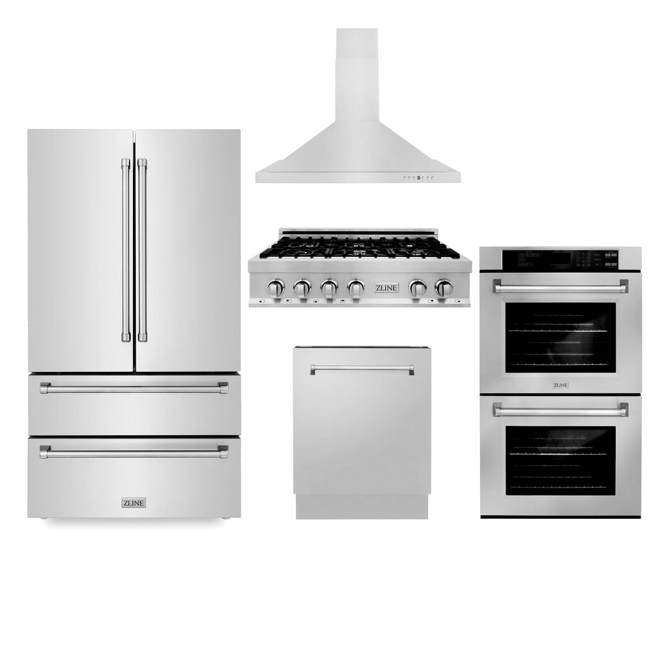 ZLINE 5-Piece Appliance Package - 36 In. Gas Rangetop, Range Hood, Refrigerator, Dishwasher and Wall Oven in Stainless Steel