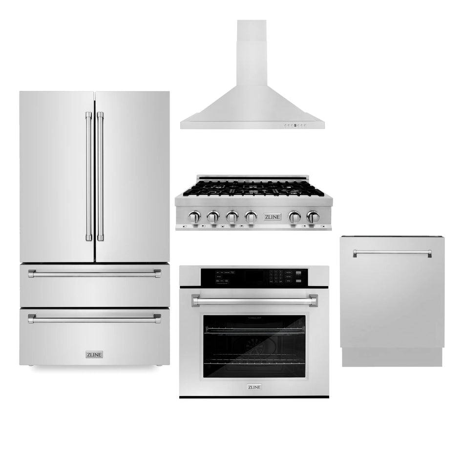 ZLINE 5-Piece Appliance Package - 36 In. Gas Rangetop, Range Hood, Refrigerator, Dishwasher and Wall Oven in Stainless Steel