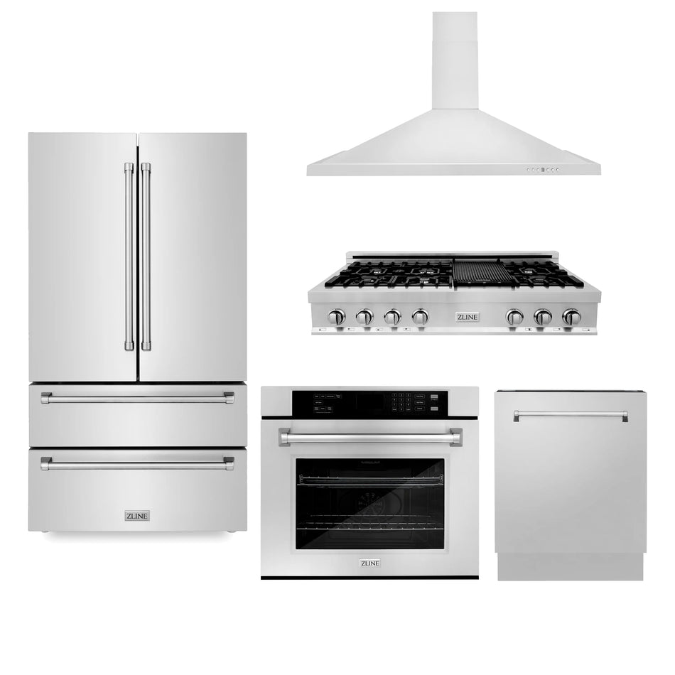 ZLINE 5-Piece Appliance Package - 48 In. Gas Rangetop, Range Hood, Refrigerator, Dishwasher and Wall Oven in Stainless Steel