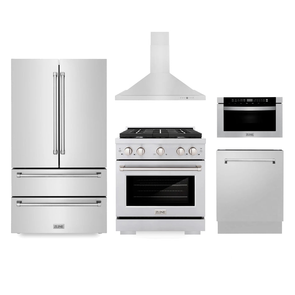 ZLINE 5-Piece Appliance Package - 30 in. Gas Range, 30 in. Range Hood, Microwave Drawer, 3 Rack Dishwasher, Refrigerator