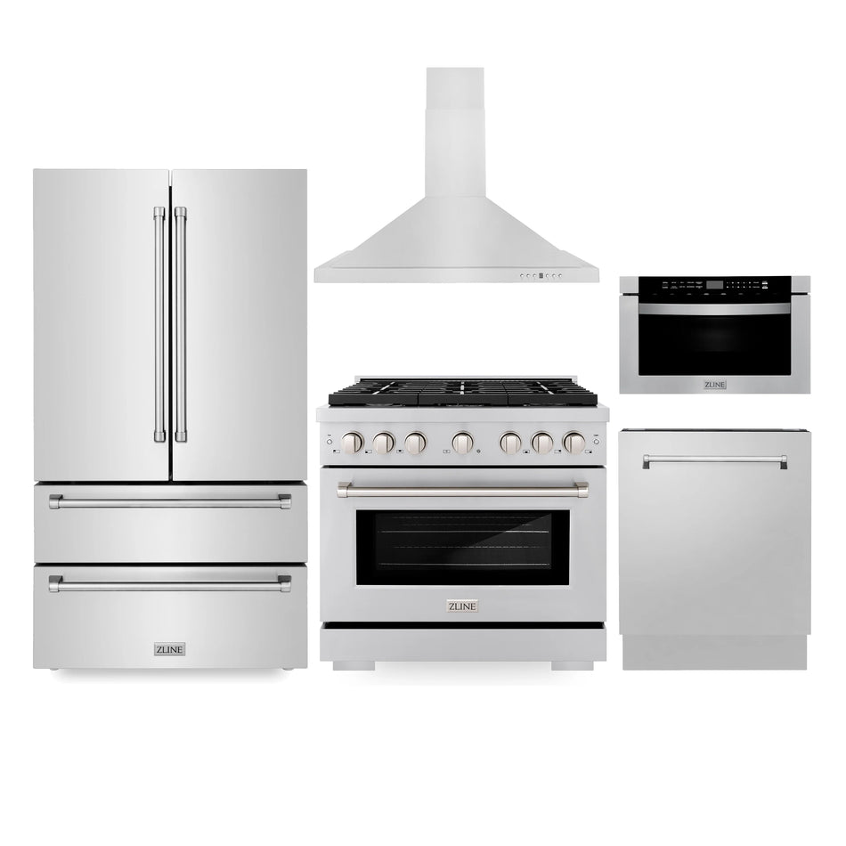 ZLINE 5-Piece Appliance Package - 36" Gas Range, 36" Range Hood, Microwave Drawer, 3 Rack Dishwasher, Refrigerator