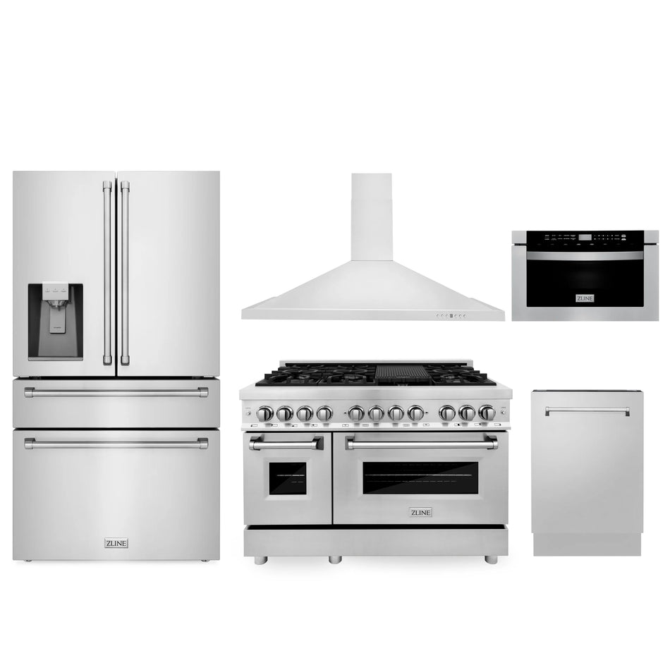 ZLINE Appliance Package - 48" Dual Fuel Range, Range Hood, Microwave, Dishwasher, Refrigerator with Water & Ice Dispenser