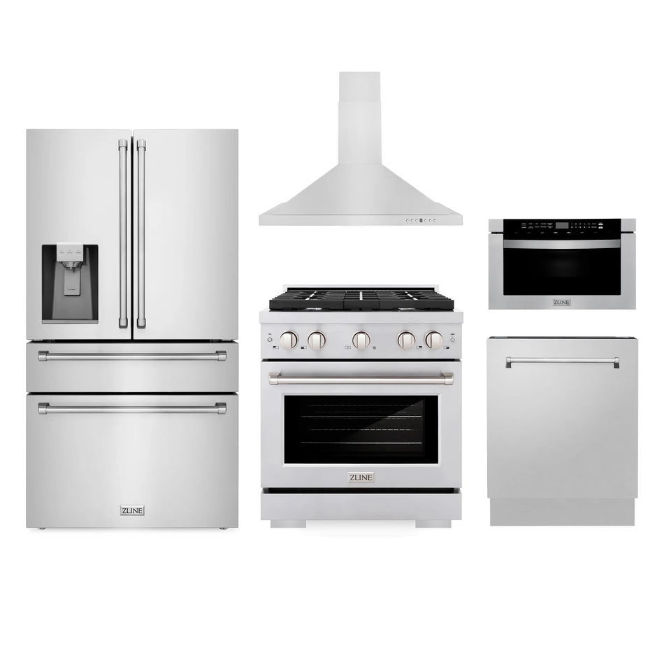 ZLINE Package - 30" Gas Range, Range Hood, Microwave, Refrigerator with Water and Ice Dispenser, Dishwasher in Stainless Steel